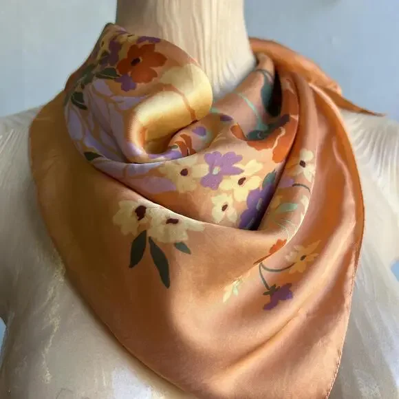 Vintage Silk? Floral Handmade Printed Scarf Orange White Yellow Square 24x24 - Picture 14 of 15